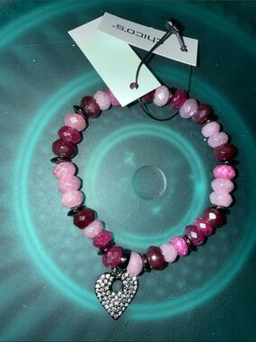 Chico's Pink Gradient Beaded Stretch Bracelet with Rhinestone Heart Charm